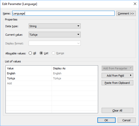 Tableau Language Parameter